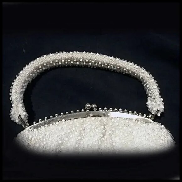 Vintage White Beaded Handbag With Clear Beads, Top Handle Purse VFG - Picture 2 of 15